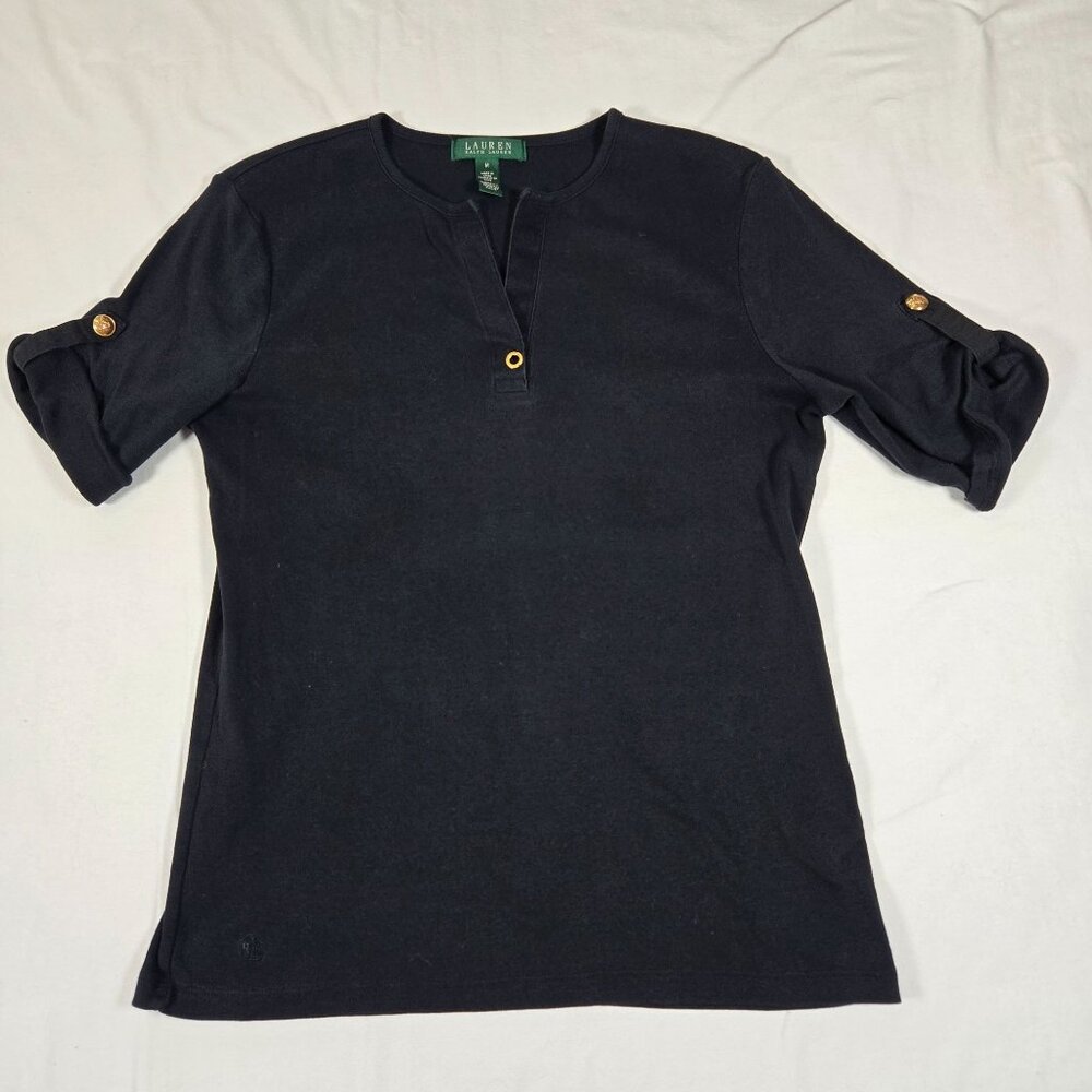 Lauren Ralph‎ Lauren Black Cotton Henley Shirt Button-Tab Sleeves Womens Medium